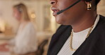 Mouth, talking or woman consultant in call center speaking or networking online in telecom office at night. Tech support, closeup or sales agent in communication or conversation at customer services 