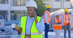 Phone call, architecture woman and construction problem, blueprint solution or project management communication. B2b contractor, engineering safety and serious african person speaking on mobile