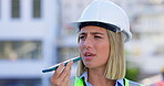 Phone call, speaker or woman engineer on construction site talking or communication in discussion. Voice note, mobile conversation or female contractor speaking or planning architecture as a builder