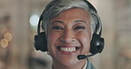 Customer service, senior face and happy woman, consultant or agent smile for consultation, help desk or contact us. Telemarketing, closeup portrait and elderly female person for call center sales