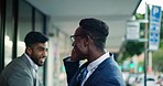 Phone call, city and black man greet happy friends, colleagues or walking coworker, partner or businessman. Communication, cellphone and person saying hello, wave and smile for men on evening commute