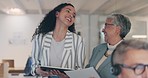 Happy woman, tablet and laughing for funny joke, meme or comedy in team building at office. Female person or employee in fun teamwork discussion with technology, social media or comedy at workplace