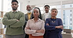 Teamwork, staff and portrait of lawyer team or people in an office or law firm arms crossed and confident in legal work. Corporate, together and employees on a mission or serious management group