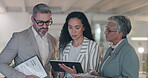 Business people, tablet and meeting in team discussion for project strategy or collaboration at the office. Group of employees in teamwork with technology for planning, proposal or ideas at workplace