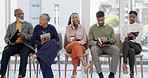 Black woman, phone call and waiting room for meeting, hiring or recruitment in row at the office. Happy African female person, intern or employee talking on mobile smartphone for career opportunity