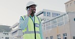 Black man, construction and worker with phone call in city for civil engineering, building industry or site contractor. Happy male architect, manager or talking on smartphone for property development