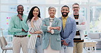 Happy creative group, team and confidence in leadership, management or about us at the office. Portrait of confident employee people with smile standing together in teamwork for startup at workplace