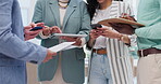 Hands, tablet and group teamwork of business people work on meeting report, notes or project feedback data. Cooperation, agenda schedule and workforce review brand illustration, design or online plan