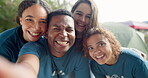 Face, selfie and happy friends camping in nature, bonding and taking photo. Portrait, campsite and group of people smile for profile picture, social media and memory together outdoor on holiday hike