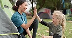 Child, camp counsellor and high five outdoor with support from a girl while camping, Winner, smile and emoji hand sign with young children and woman together with freedom and youth knowledge