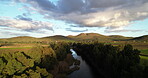 Landscape, woods and green with trees and sky, nature and environment with river, hill and Earth. Aerial view of location, forest and sustainability with land, overgrowth and greenery with vegetation