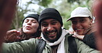 Happy friends, face or hikers taking a selfie while hiking outdoors in nature on social media or holiday. Winter, portrait or excited people take a picture or a photo on trekking adventure together