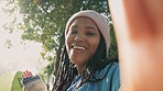 African woman, video call and camping in nature with talk, point and face with tent, forrest and holiday. Black student girl, influencer and live streaming on social media app for adventure in woods