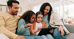 Children, parents or family with a tablet in a living room for online education, e learning or games. Multiracial man, woman and girl kids together at home with tech for streaming and development

