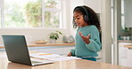 Laptop, headset and e learning with a child talking for presentation, lesson or reading speech. Young girl student with tech for online education, video call and development or virtual lesson at home