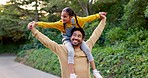 Daughter on father shoulders outdoor, flying and playing game with love and bonding at home. Happy man, girl and family, airplane with energy and playful, freedom in backyard and trust in nature