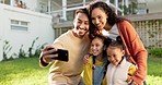 Selfie, backyard and parents with girls, home and family with happiness, real estate and profile picture. Mother, father or female children outdoor, social media or memory with care, kids or property