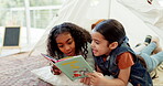 Girl, story book and reading together, sisters at home with bonding and education, literature and fantasy. Development, learning and young female children, childhood and relax with storytelling