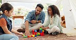Building blocks, home and father with his girls, smile and quality time with love, learning and joy. Family, happy dad or female children with male parent, kids or fun with toys or creative activity