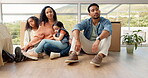 Family on the floor, real estate and moving in new home for mortgage loan, investment and happiness. Parents, father or mother with children, kids and cardboard with relocation for house and security