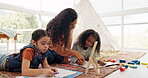 Mother, girls and learning math on floor in home, studying and teaching for homeschool. Mama, education and children with books, homework and abacus for calculation, writing and help for development