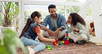 Building blocks, father and girls play, home and learning with quality time, loving together and love. Family, happy dad or female children with male parent, kids or fun with toys, bonding and home