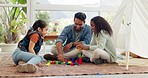 Home, father and girls with building blocks, smile and quality time with love, bonding and learning. Family, happy dad or female children with male parent, kids or fun with toys and child development