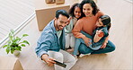 Happy family, real estate and smile in new home for selfie, photo or memory together above at apartment. Father, mother and children taking picture or photograph by boxes in relocation or renovation