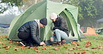 Camping, tent and help with couple and high five in nature for adventure, relax and travel holiday. Hiking, love and support with man and woman in camper park for explore, trekking and vacation