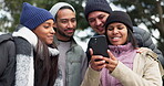 Happy friends, social media or campers taking a selfie or hiking outdoors in nature sharing an experience. Online post, camping or active people smiling for a picture or photo while trekking together