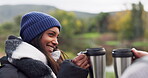 Nature, coffee cheers or happy couple camping on break to relax on holiday vacation together in winter. Tea toast, campers or back of woman smiling or laughing with a man outdoors in woods in Peru 