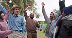 Camping, hands in and friends with motivation, support and collaboration success outdoor. Nature, people and cheer together with group feeling happy from teamwork and excited with solidarity