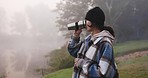 Drinking coffee, hike and woman outdoor with peace and a park in winter and nature. Female person, hot drink and adventure with travel and walking on holiday with camping and freedom for journey