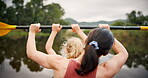 Girl, mother and celebration in kayak at lake for achievement, workout goal or target on holiday. Mom, travel and kid in boat for success, bonding in river and exercise on family adventure outdoor.