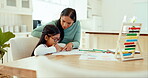 Homework, mother or girl writing for education or learning an artistic kindergarten school project. Teaching, family or child student studying with mom for help or support drawing on paper in house 