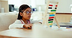 Learning, study and math with child and homework for education, future and growth. Youth, development and focus with young girl and abacus in living room at home for kindergarten, school and student