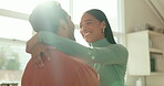 Love, bonding or happy couple in home dancing in celebration of anniversary, loyalty or marriage together. Smile, romance or woman in a healthy relationship hugging her husband in an intimate moment