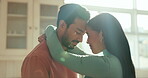 Love, forehead or couple in home dancing in celebration of anniversary, loyalty or marriage together. Bonding, romance or woman in a healthy relationship hugging her husband in an intimate moment 