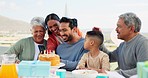 Happy family, birthday and party with video call in home, kids or grandparents with parents, cake or celebration. Men, women or children for group webinar, wave and smile at event, house or vacation