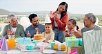 Big family, sing happy birthday and kids with grandparents, mother and father with cake for celebration. Men, women and children with happy group, applause and present for event at house on holiday