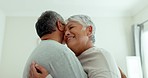 Hug, home and senior couple dancing, happiness and retirement with romance, quality time and bonding. Romantic, old man and elderly woman with energy, move and support with celebration and embrace