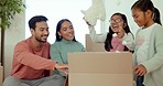 Parents, children and open box in new house, toys and happy celebration for fresh start at property. Mother, dad and girl children and moving with cardboard package, excited together and family home