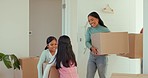 Mother, kids and box at front door in new home, helping hand or happy for fresh start at property. Girl children, teamwork and moving with cardboard package, excited face and together in family house