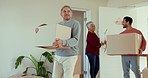 Family, senior parents and moving in new home with man, woman and boxes for fresh start at property. Group, people and helping hand with cardboard package, excited and real estate in family house