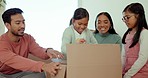 Parents, kids and open box in new home, toys and happy celebration for fresh start with real estate. Mom, dad and girl children and moving with cardboard package, excited together and family house