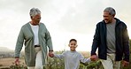 Grandparents walking and holding hands with their grandchild in nature on family holiday. Happy, smile and senior man and woman in retirement bonding with boy kid on outdoor weekend trip or vacation.