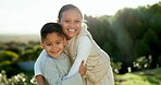 Brother, sister and face of children hug outdoor for love, care and happy bonding together in nature. Portrait of young girl, boy and kids embrace as siblings in park, garden and smile in sunshine