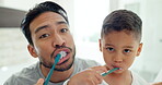 Face, father and kid brushing teeth in home for hygiene, morning routine together and healthy learning. Portrait of dad, boy child and dental cleaning with toothbrush for self care of fresh breath