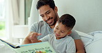 Dad, boy and bedroom with book, reading and learning for study, childhood development and care in house. Father, happy son and bed for teaching, literacy skills and bonding with love in family home