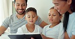 Mom, dad and children on tablet in bedroom for games, online learning or reading ebook media. Family, young kids and relax together in morning on digital technology, watching cartoon or story at home